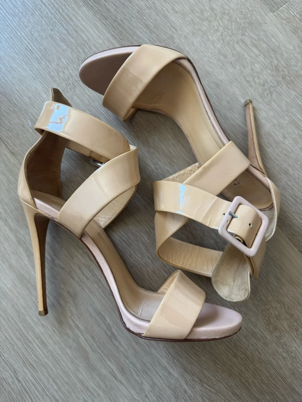 Barneys New York Nude Patent Leather Strappy High Heel Sandals